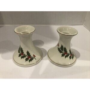 Vintage 1985 Holly/berries Yuletide Porcelain Christmas Candle Holders X 2 Japan
